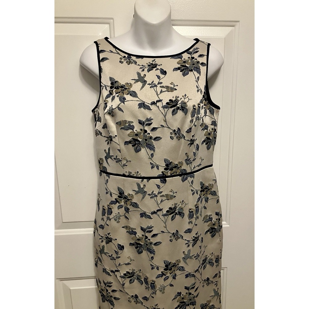 Ann Taylor Ivory Sleeveless Midi Dress Size 4 Embroidered Blue Floral Sheath